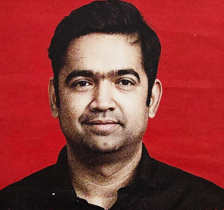 Red screenprinted portrait of Ravi Kiran Vemula